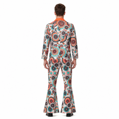 Jumpsuit with Geometric Print, Collar, and Flared Legs back view