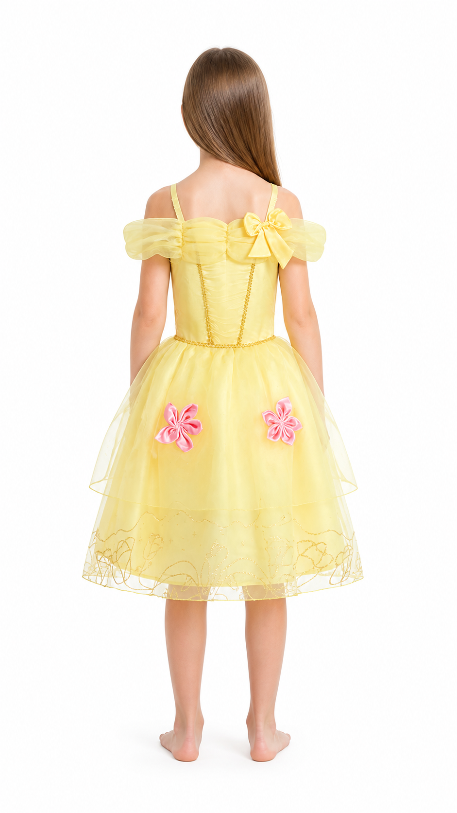 Light Yellow Carnival Dress with a Bow and Flowers back view