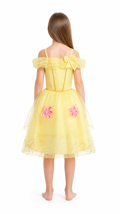 Light Yellow Carnival Dress with a Bow and Flowers back view