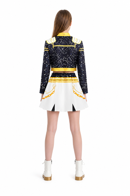 Children's skirt and jacket costume with gold trim back view