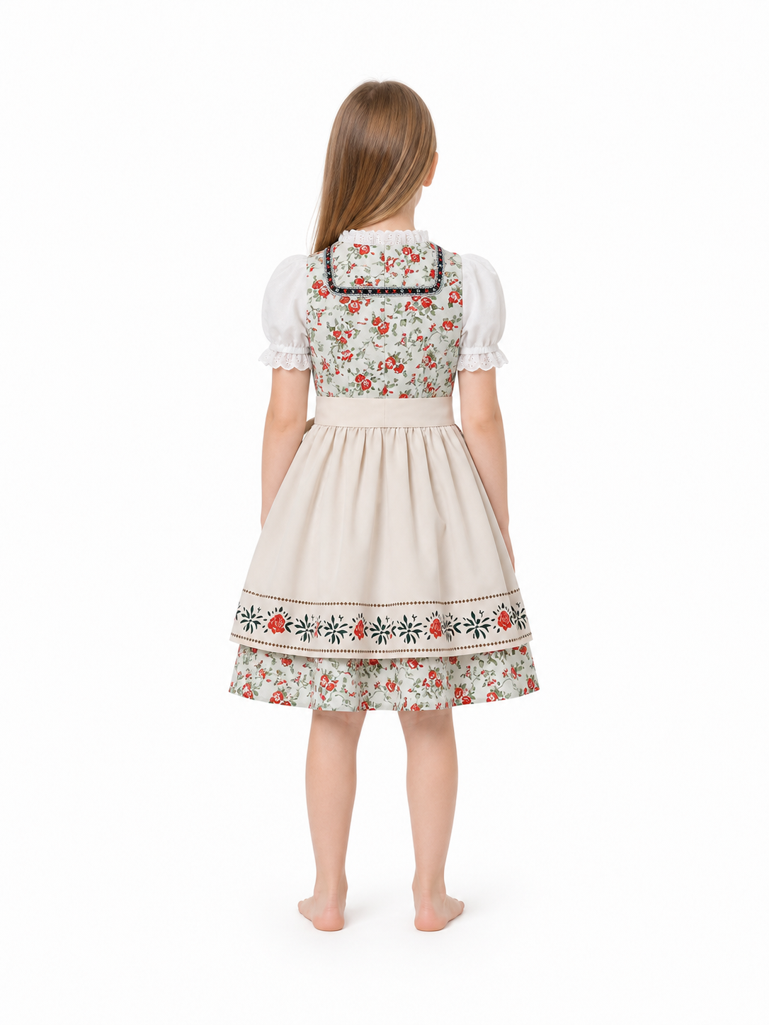 Dirndl Dress with Apron and Kerchief Featuring a Red Rose Print