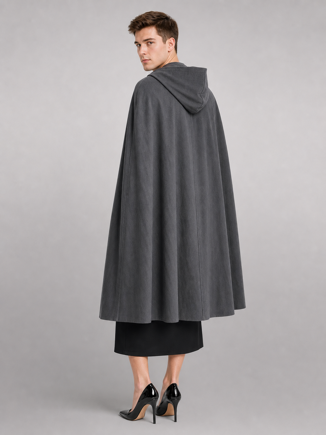 Adult Fantasy Hooded Cape, Long Dark Gray Cloak With Front Tie Closure, Wide