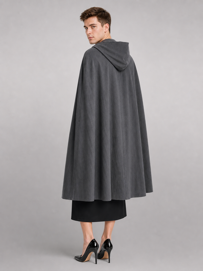 Adult Fantasy Hooded Cape, Long Dark Gray Cloak With Front Tie Closure, Wide