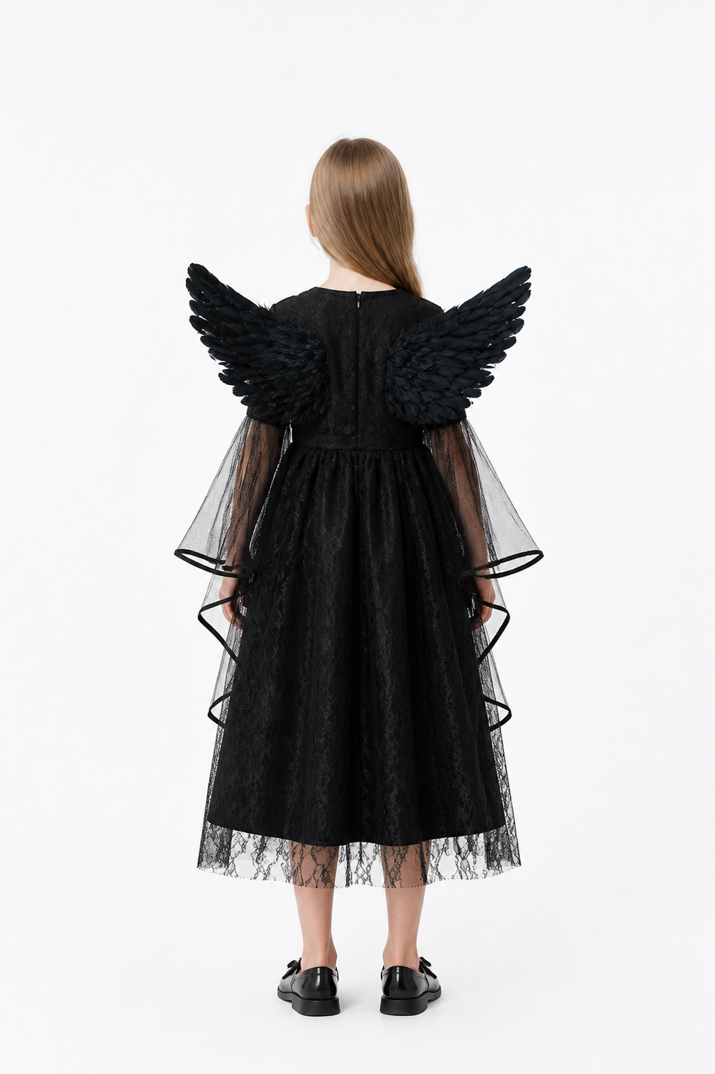 Black Midi Dress with Wings and Lace back view