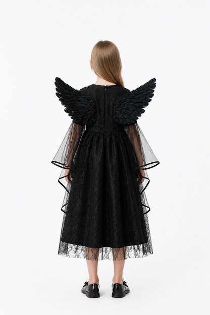 Black Midi Dress with Wings and Lace back view