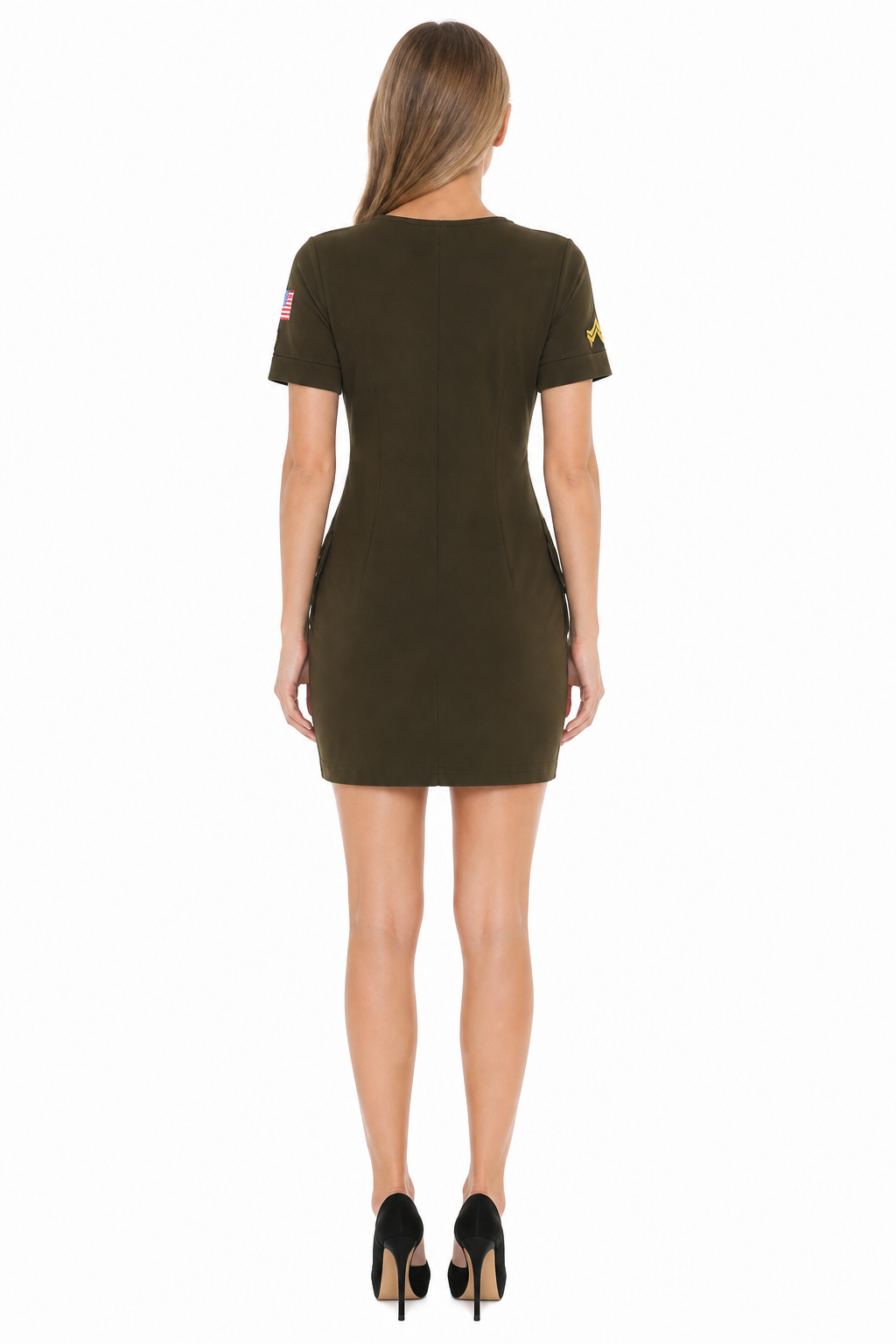 Olive Uniform-Style Dress with Zipper and Patches back view