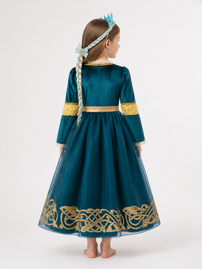 Princess Costume in a Blue Dress with Gold back view