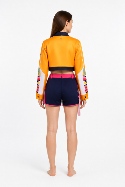 Rumi Cosplay Costume with Orange Jacket and Blue Shorts back view