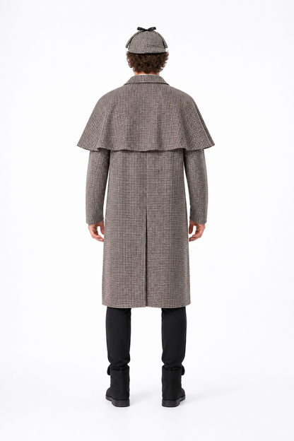 Sherlock Holmes Costume with a Plaid Cape back view
