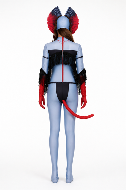 Stage Cosplay Jumpsuit with Mask, Red, Blue, and Black back view