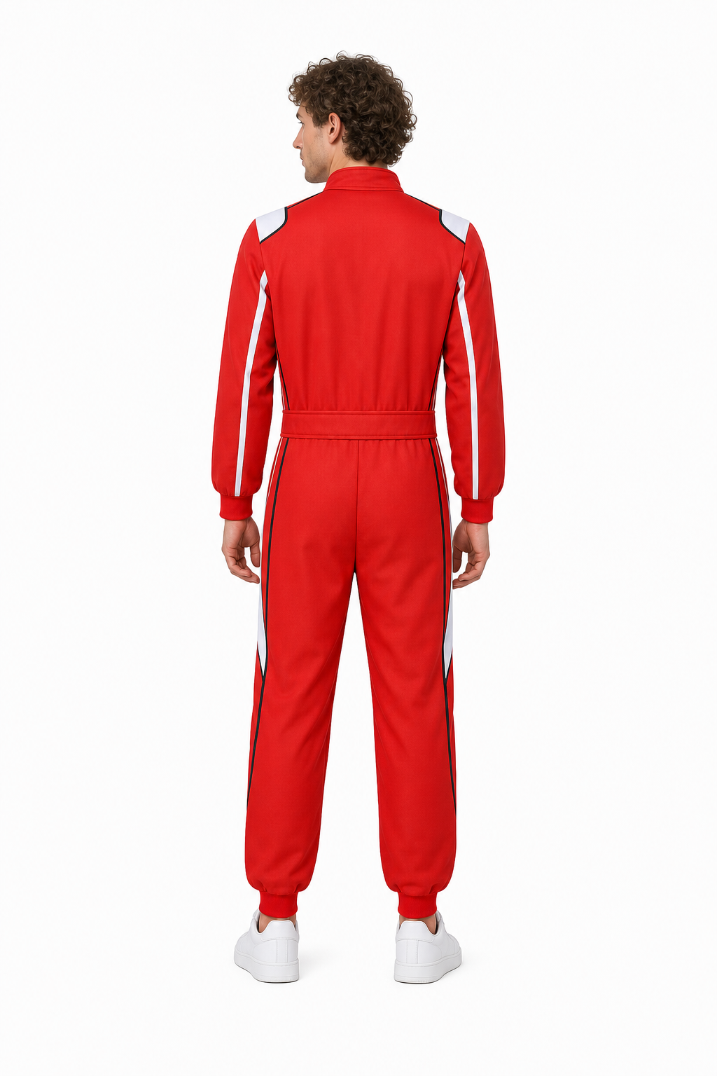 Red Racing Jumpsuit with White Stripes back view
