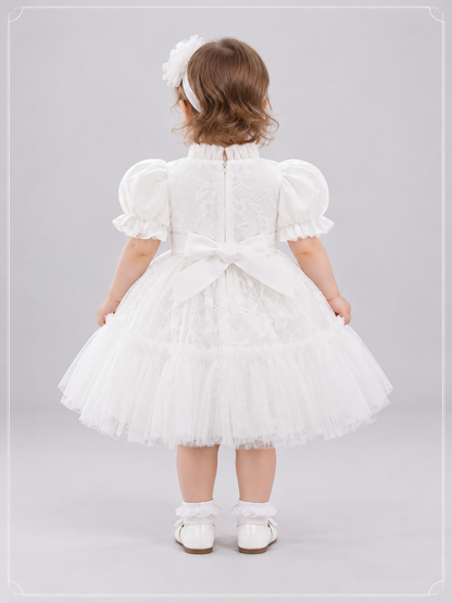 Girls' Dressy White Dress with Lace and Bow