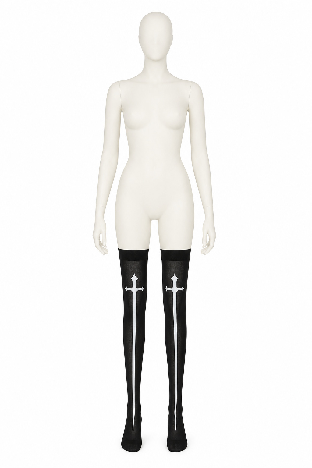 Long Black Knee-High Socks with White Cross, Pair back view