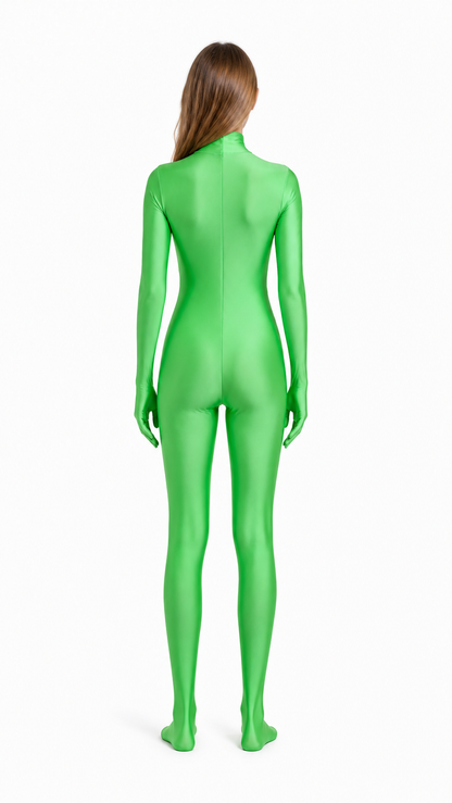 Green hooded zentai bodysuit with covered hands back view