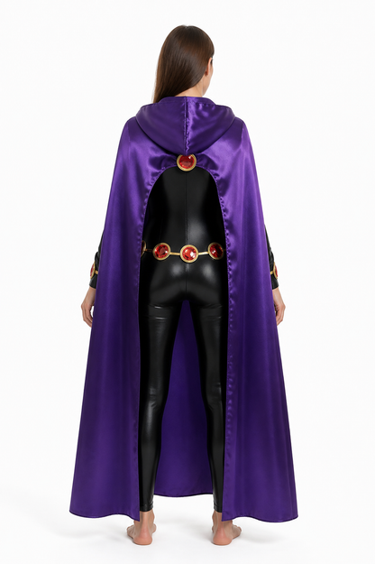 Raven Costume with Purple Cape and Belt back view