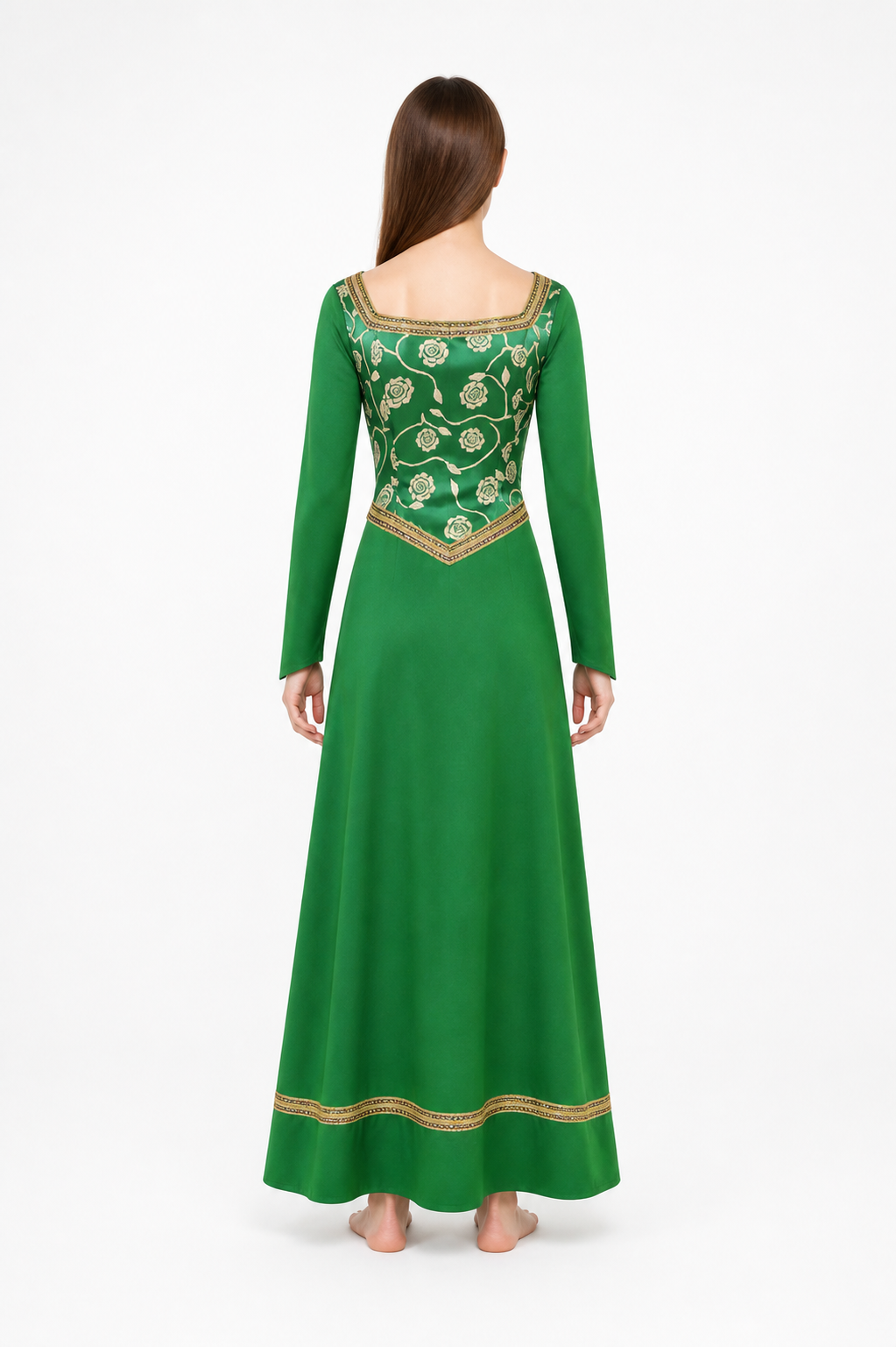Green Dress with Gold Trim and Floral Pattern back view