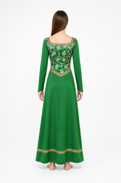 Green Dress with Gold Trim and Floral Pattern back view