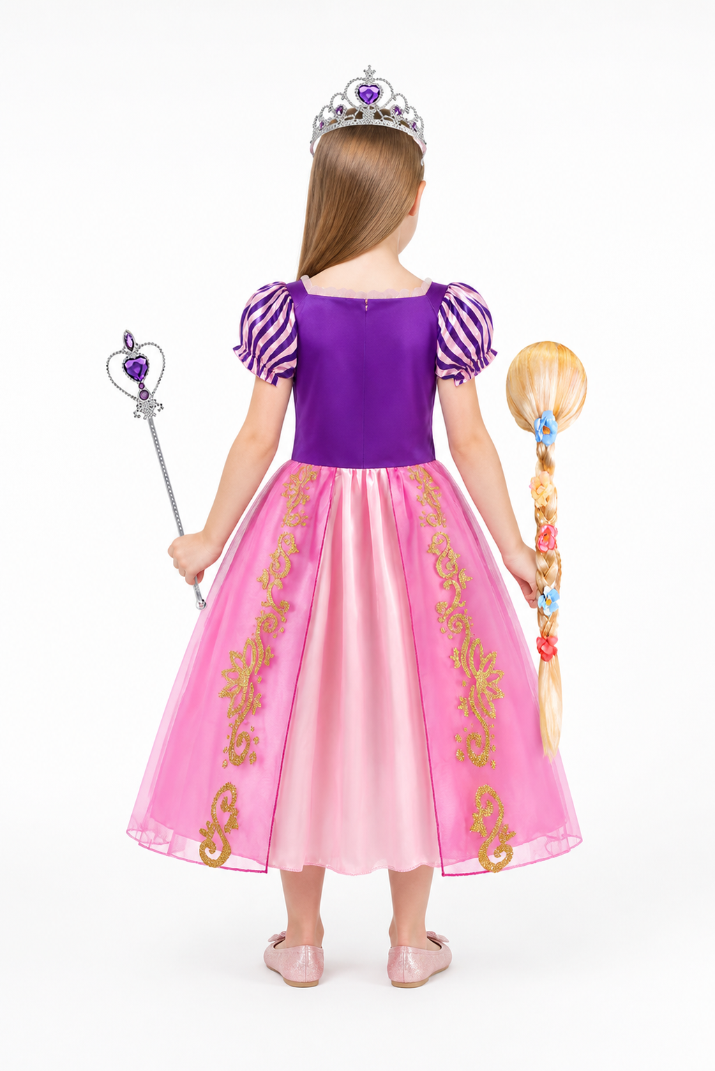 Rapunzel Princess Costume with Crown and Braid back view