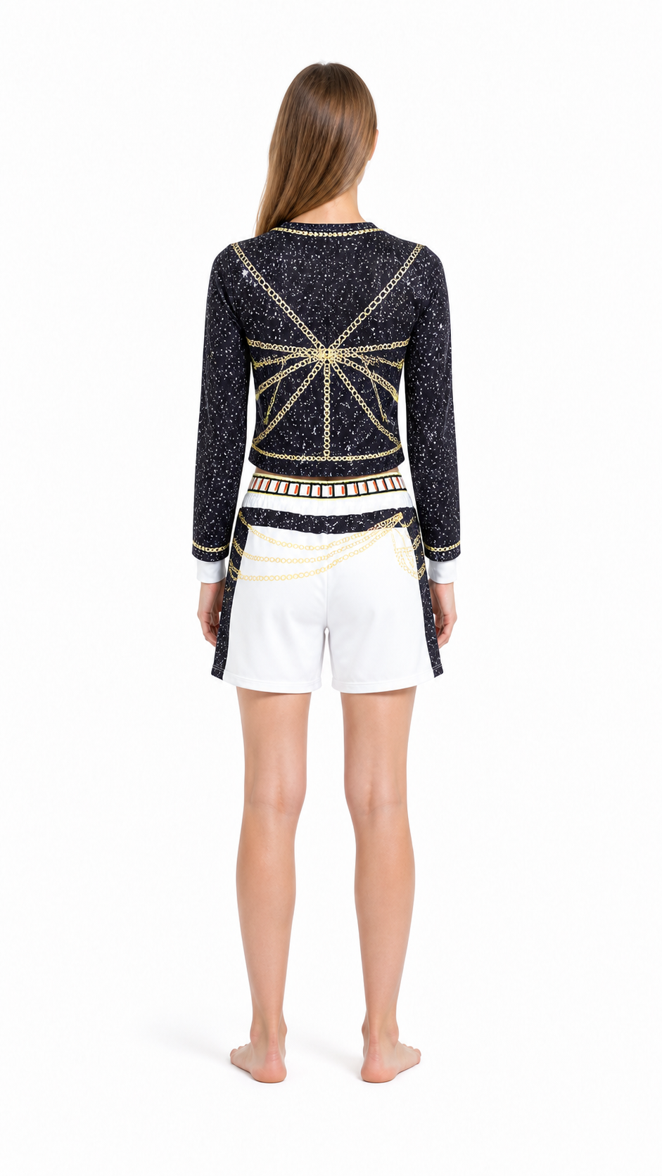 Children’s Black, White, and Gold Costume with Top and Shorts back view