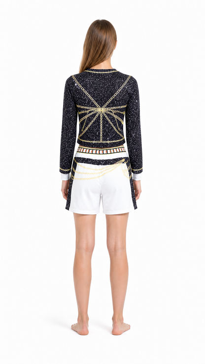 Children’s Black, White, and Gold Costume with Top and Shorts back view