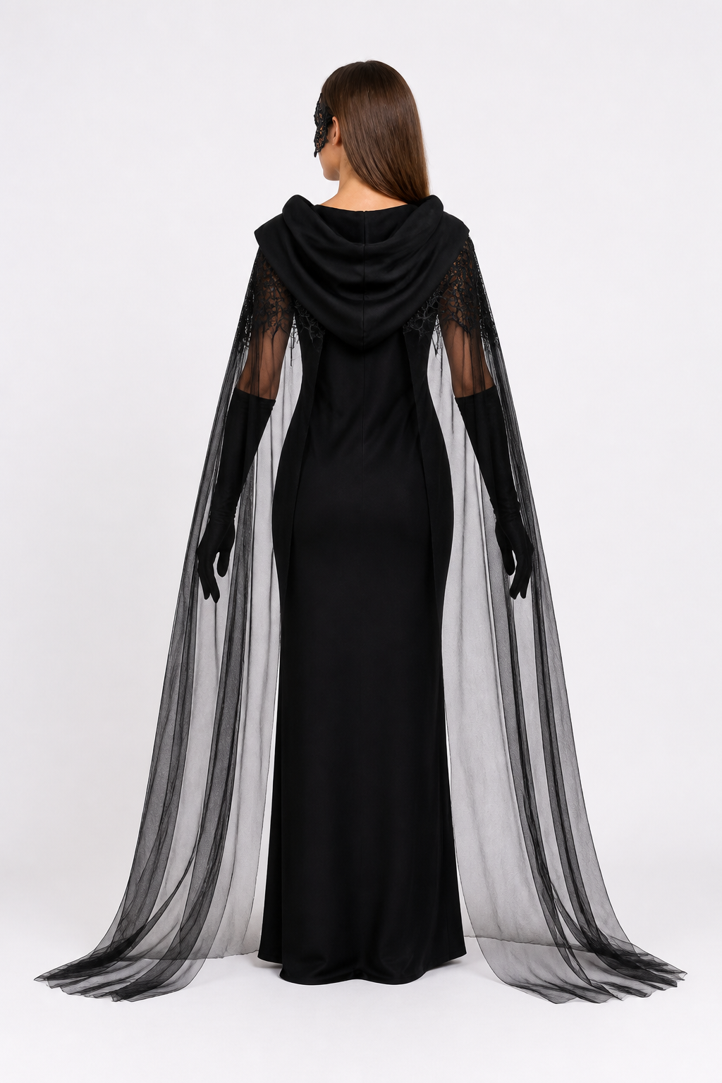 Witch Costume with a Semi-Transparent Cape and Dress back view