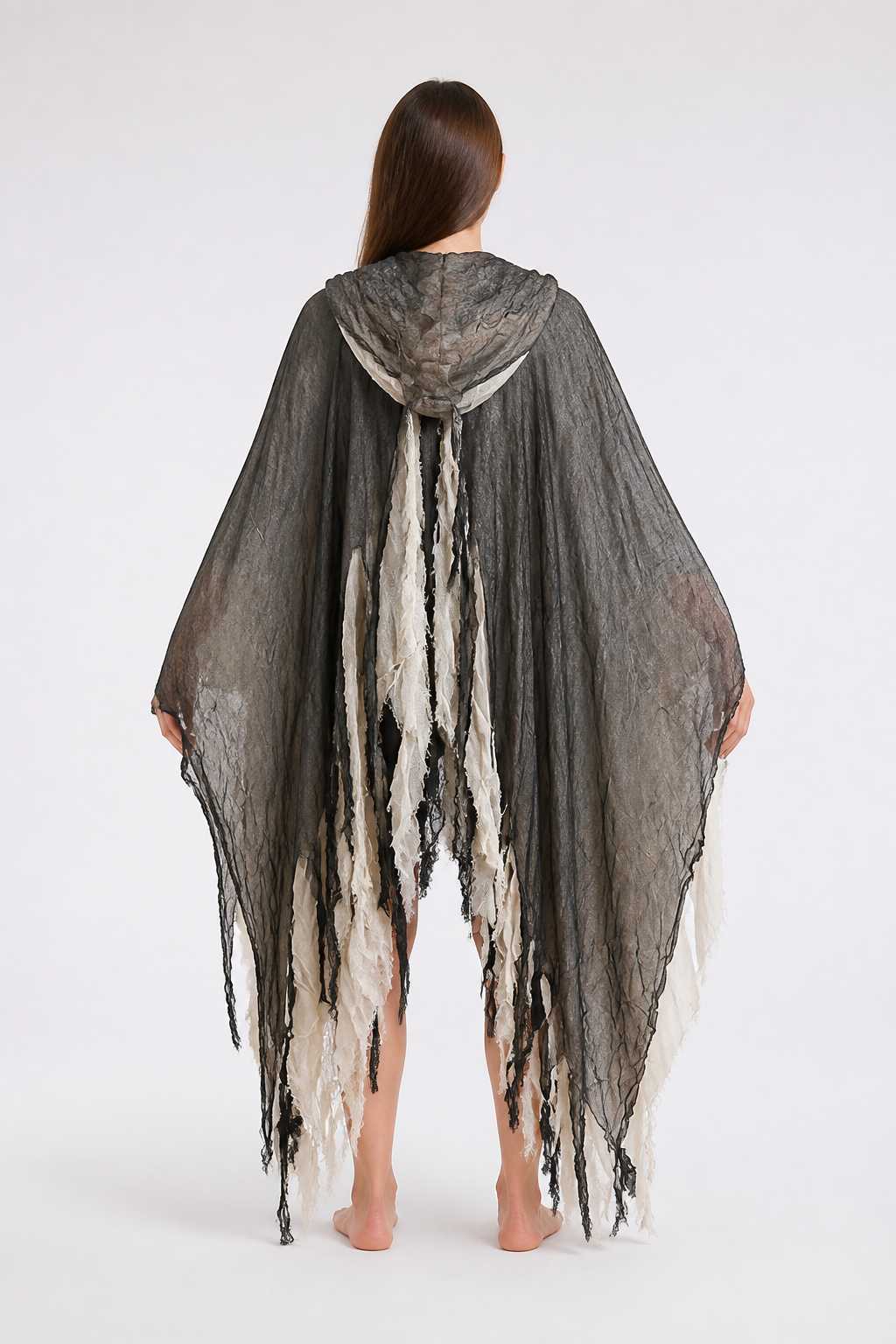 Tattered Black-and-White Hooded Cloak for Halloween back view