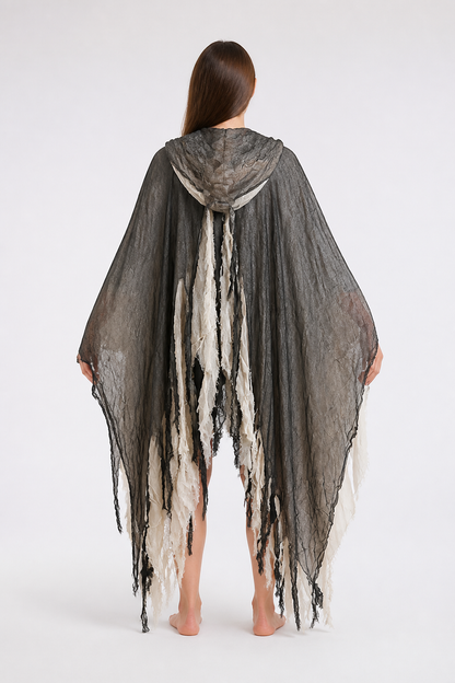 Tattered Black-and-White Hooded Cloak for Halloween back view