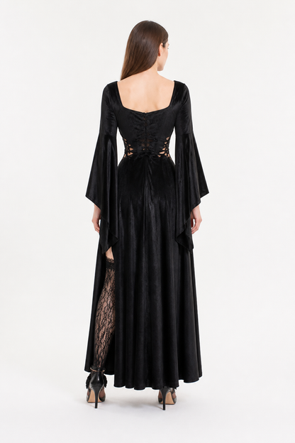 Black Long Gothic Dress with Cross-Lacing back view