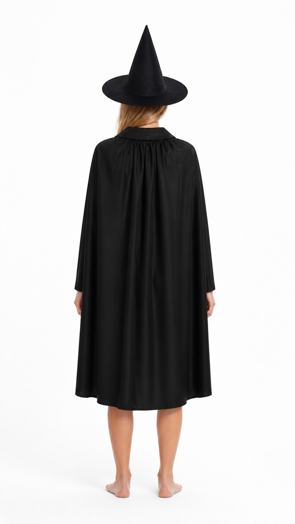 Black Witch Costume with Cape and Pointed Hat back view