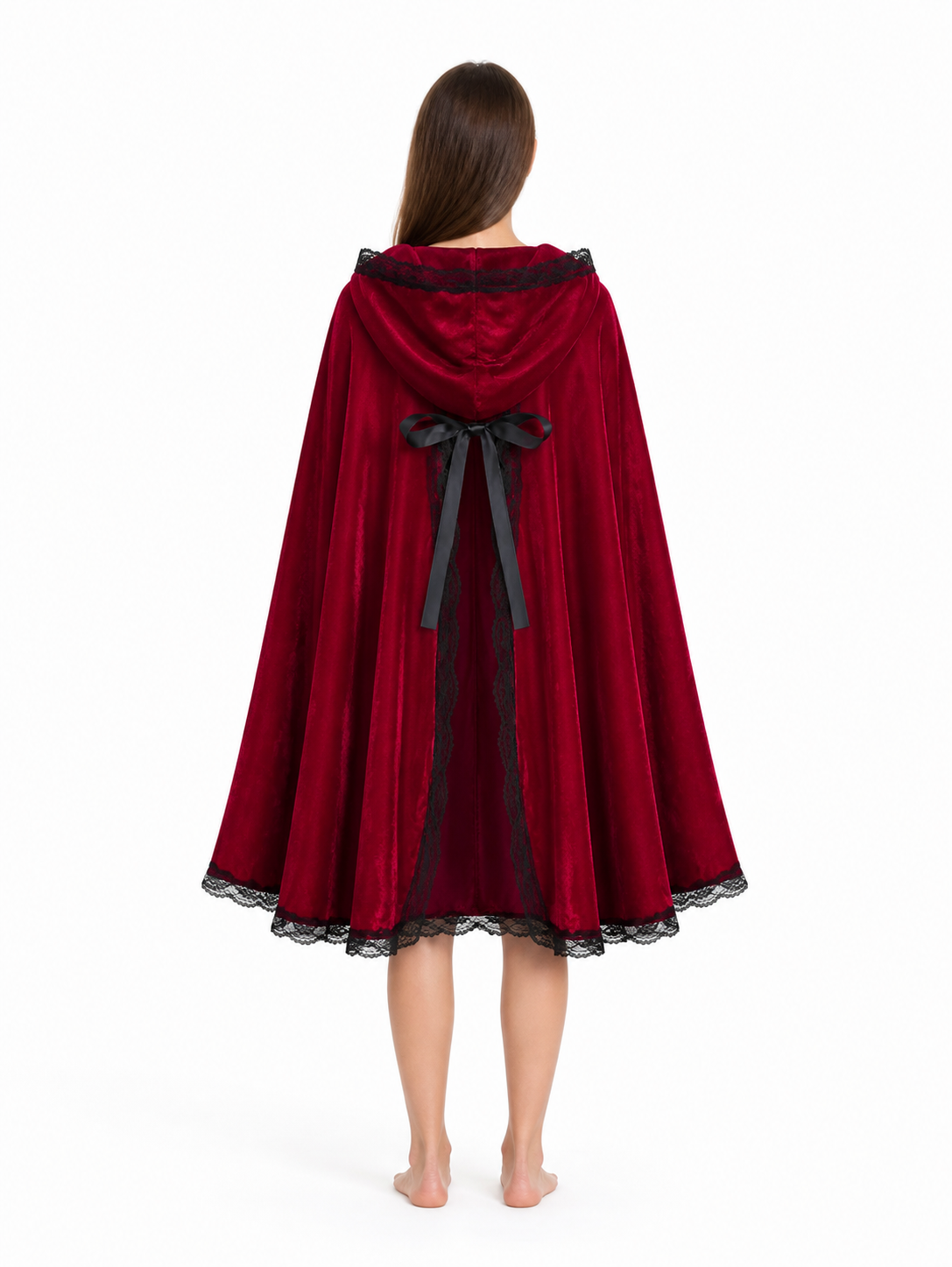Burgundy Hooded Cape with Black Lace and Bow back view