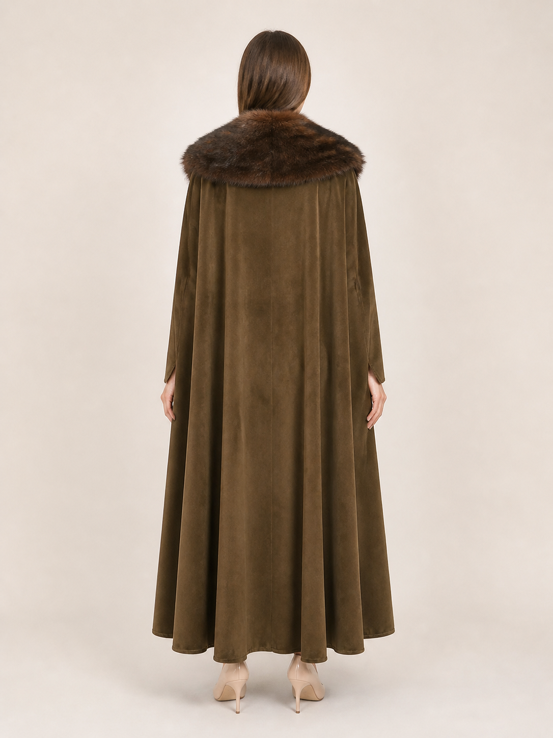 Long Open-Front Cape with Fur Collar, Brown