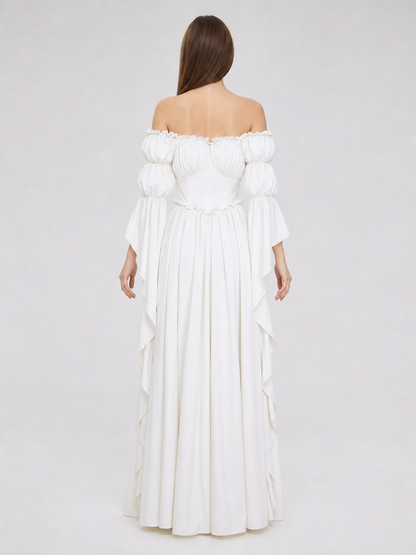 White Vintage-Style Dress with Puff Sleeves