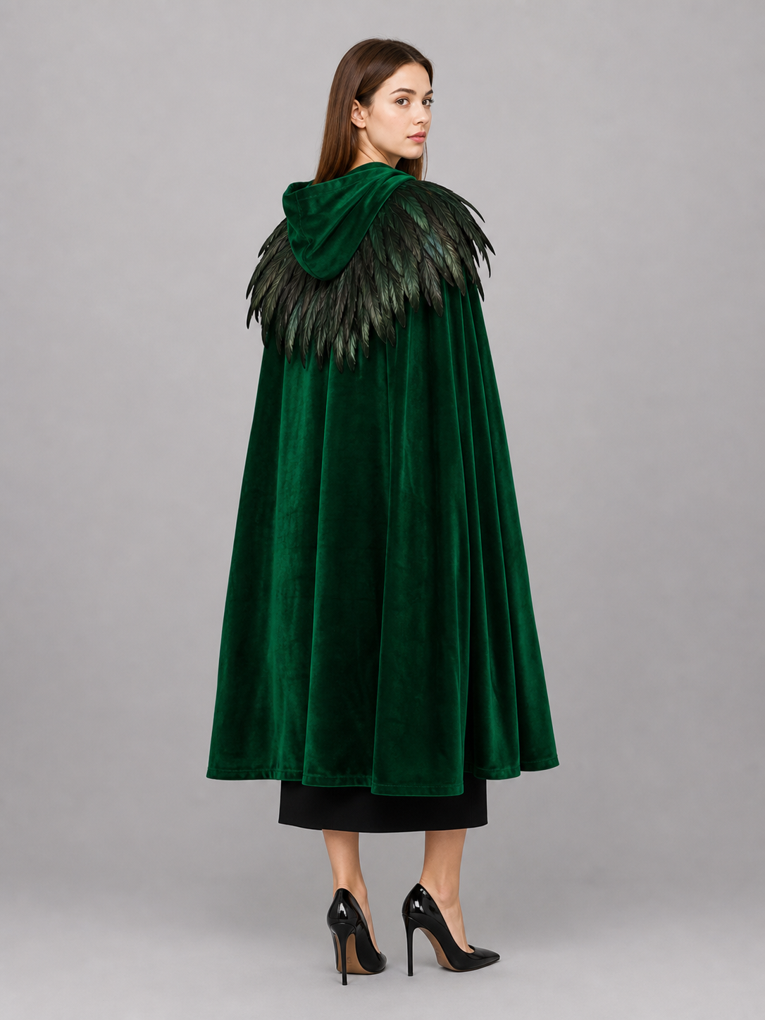 Green Hooded Velvet Feather Cape