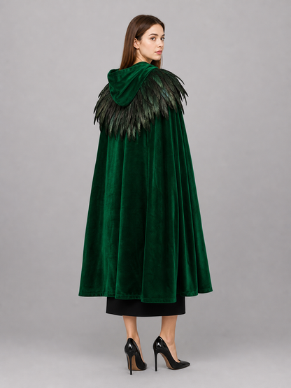 Green Hooded Velvet Feather Cape
