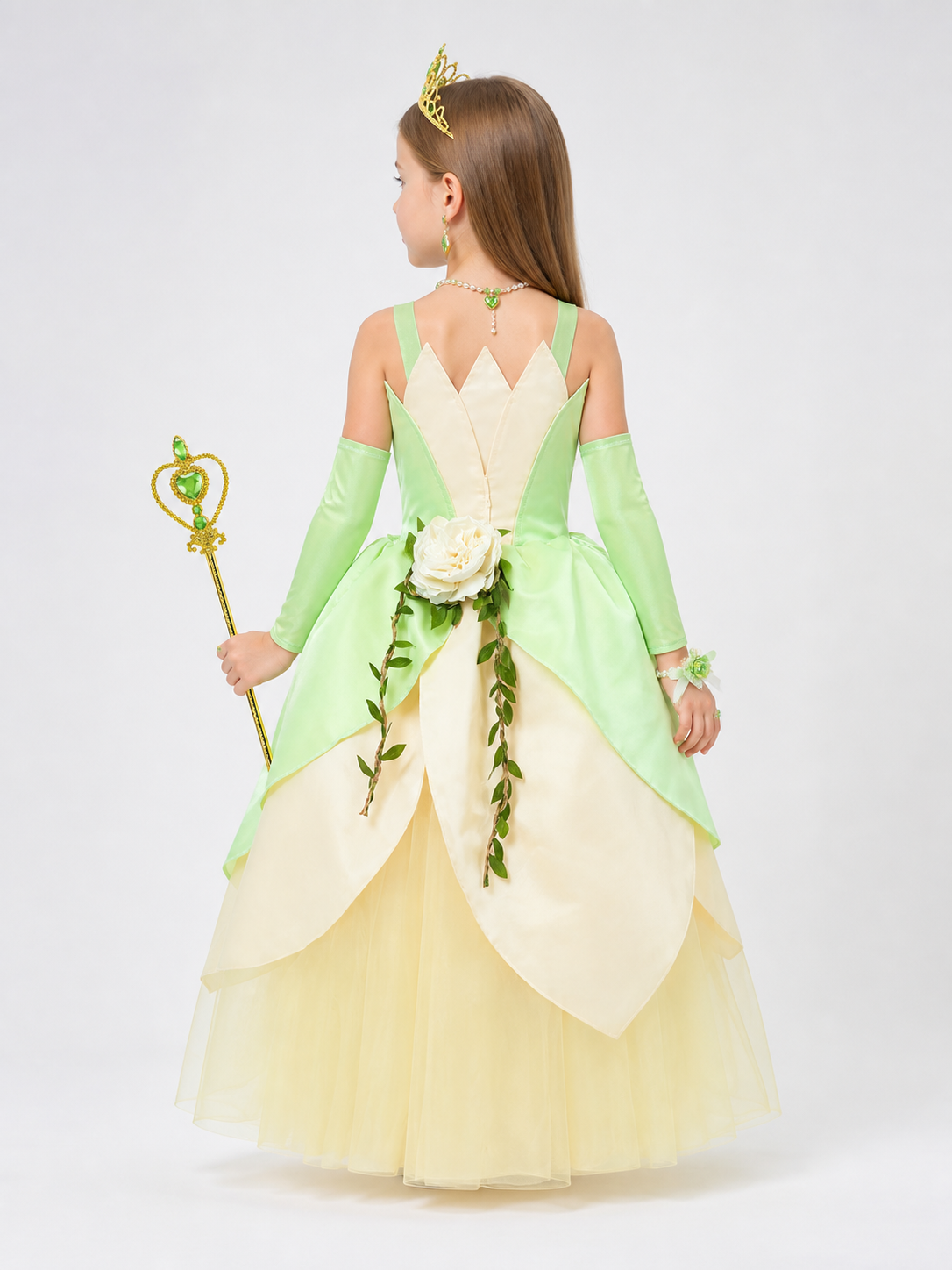 Princess Costume in Green and Cream Tones back view