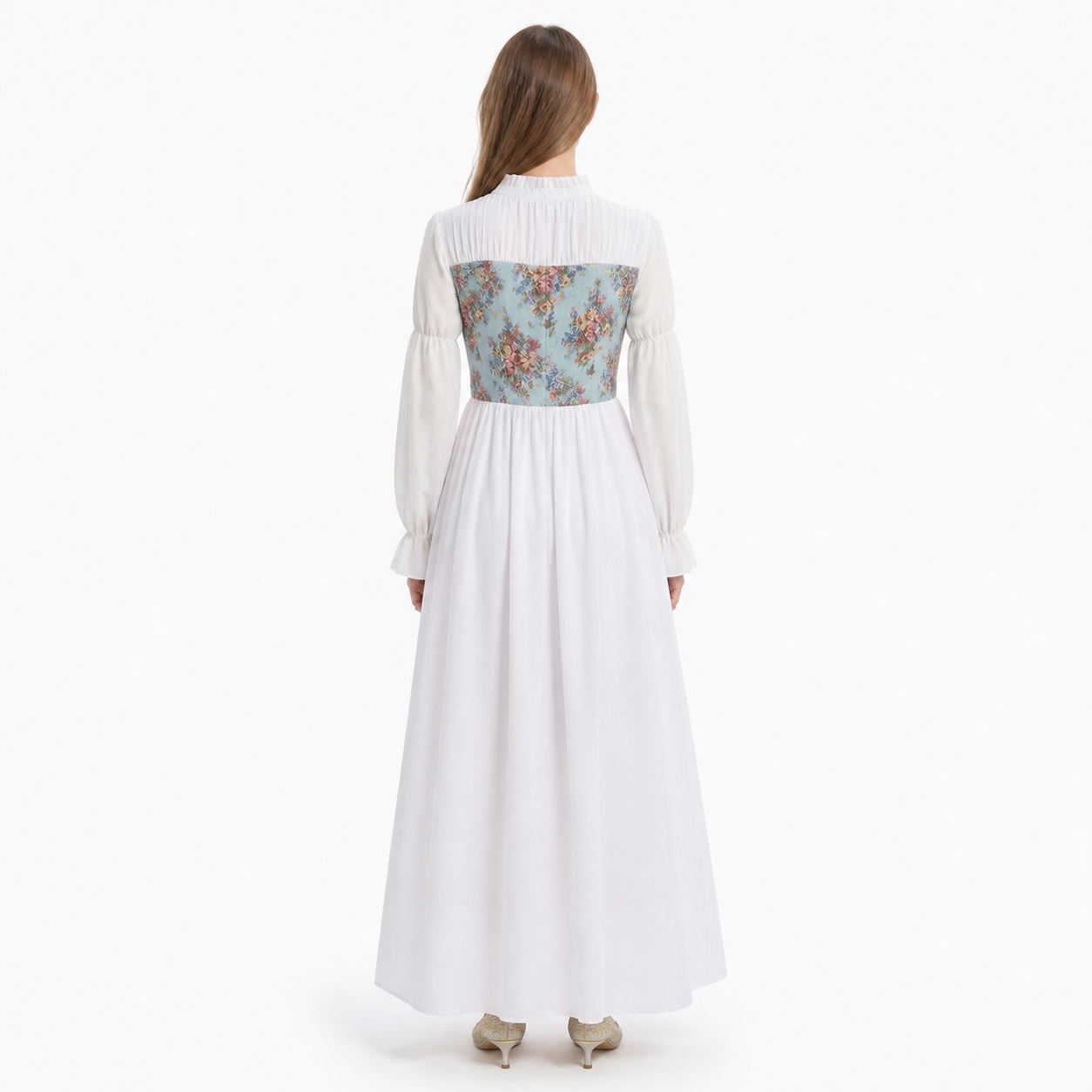 Long Retro Dress with Floral Print and Corset back view