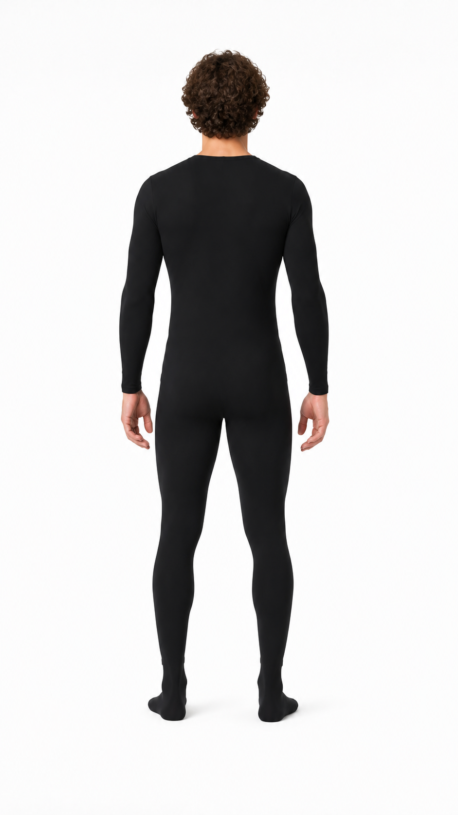 Black form-fitting zentai jumpsuit with covered feet back view
