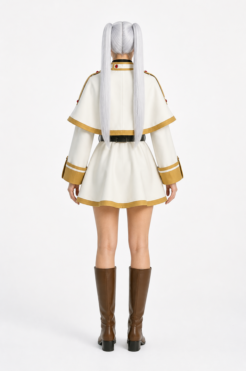 Gray Frieren Cosplay Costume with Cape and Wig back view