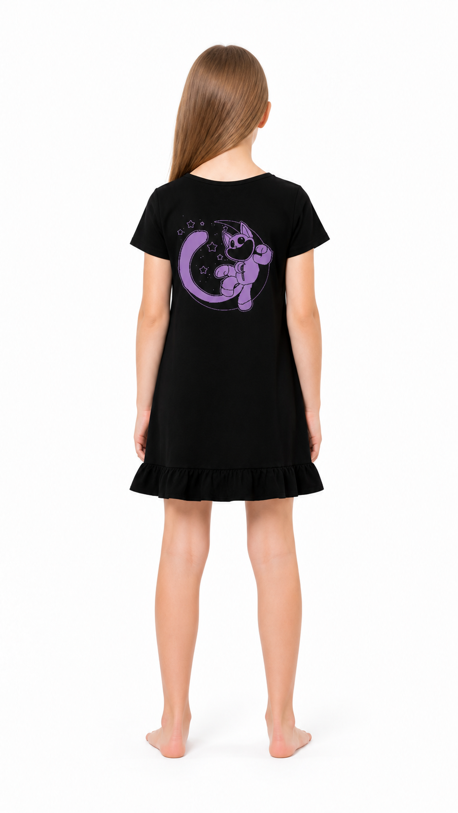 Black Dress with Purple Character Print and Ruffles back view