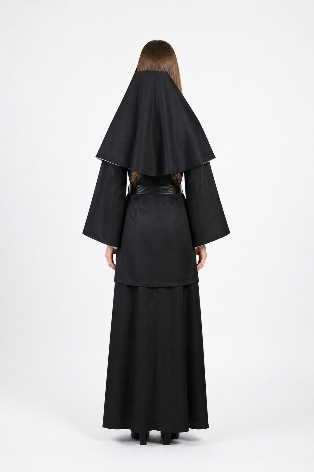 Black Costume with Cross and White Mask for Halloween back view