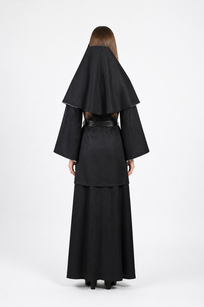 Black Costume with Cross and White Mask for Halloween back view