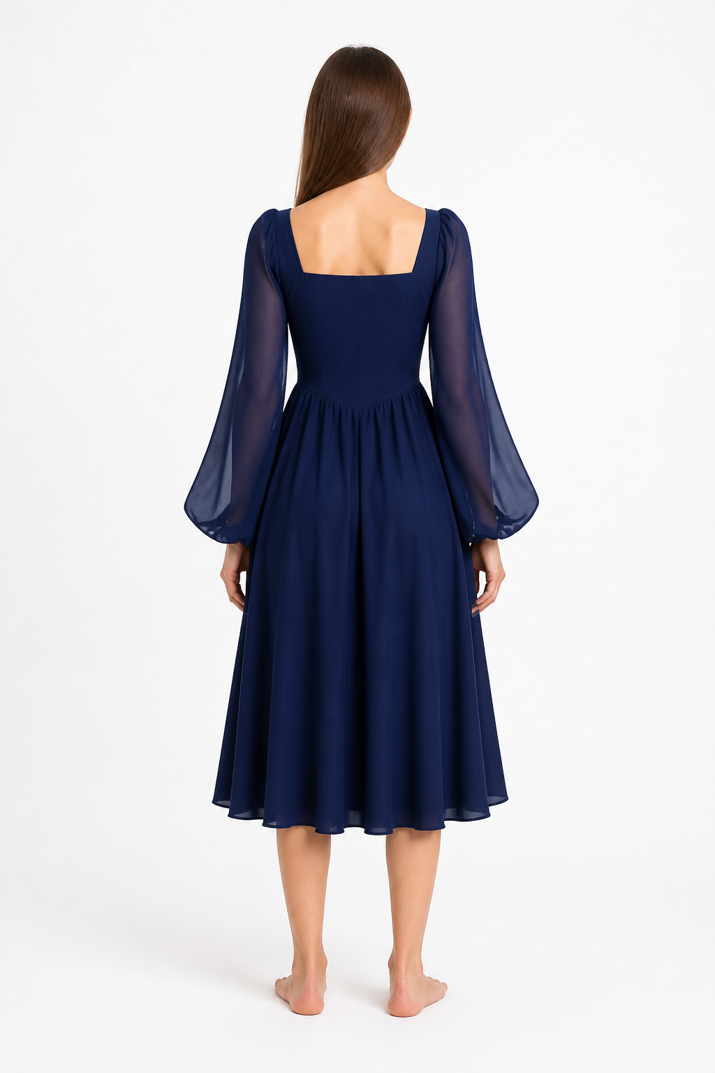 Renaissance-Style Dress with Flared Sleeves and Lacing, Blue back view