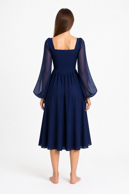 Renaissance-Style Dress with Flared Sleeves and Lacing, Blue back view
