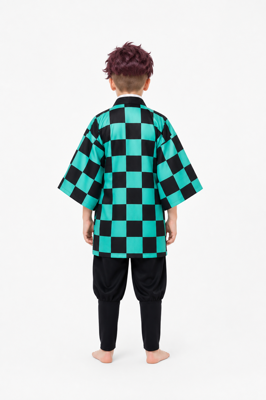 Tanjiro Cosplay Costume, Anime Plaid Cloak for Halloween back view