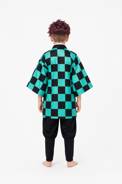 Tanjiro Cosplay Costume, Anime Plaid Cloak for Halloween back view