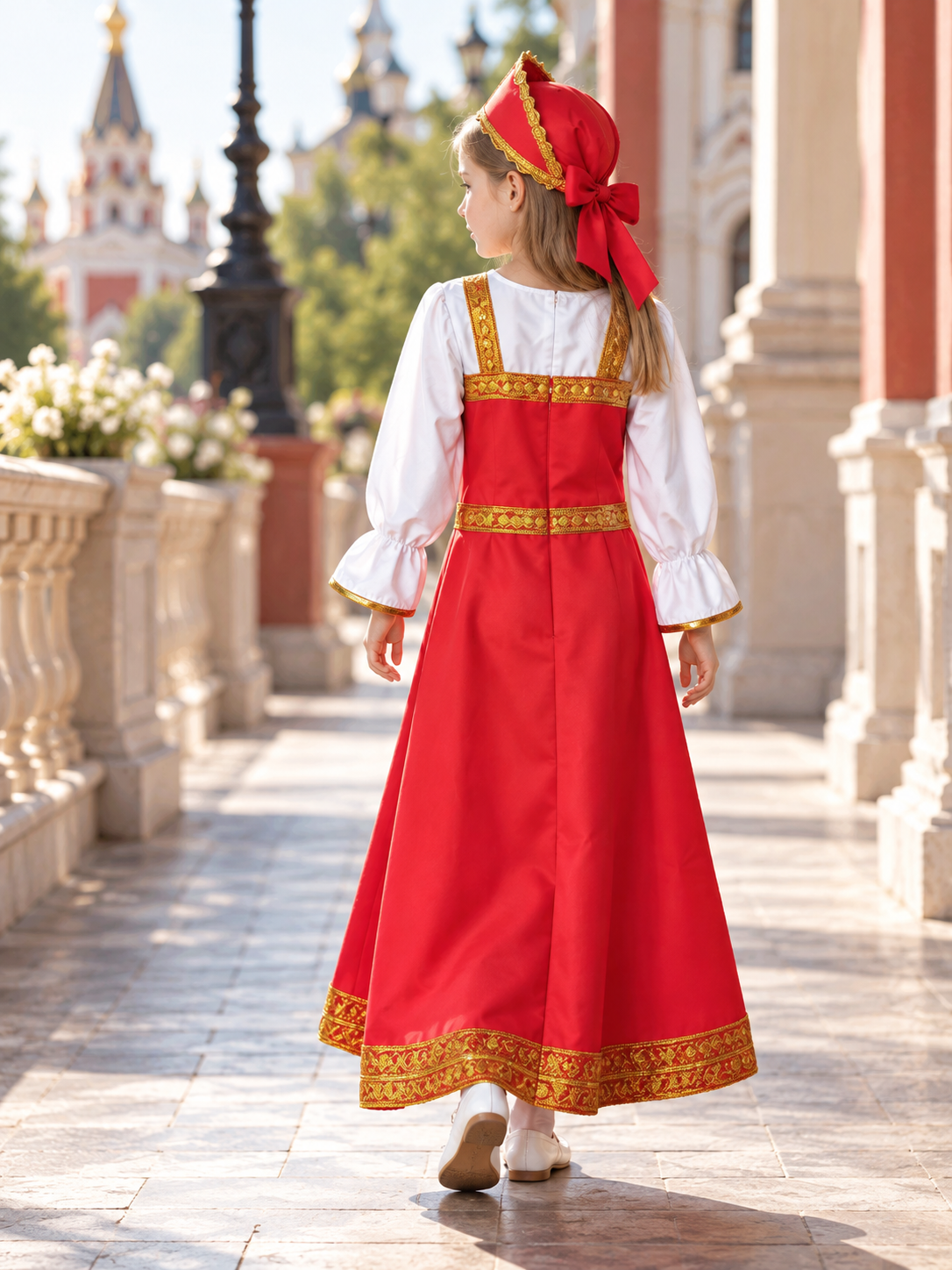 Red-and-White Cosplay Dress Costume with Headpiece back view