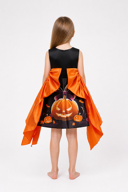Halloween Cape Dress with Pumpkin Print back view