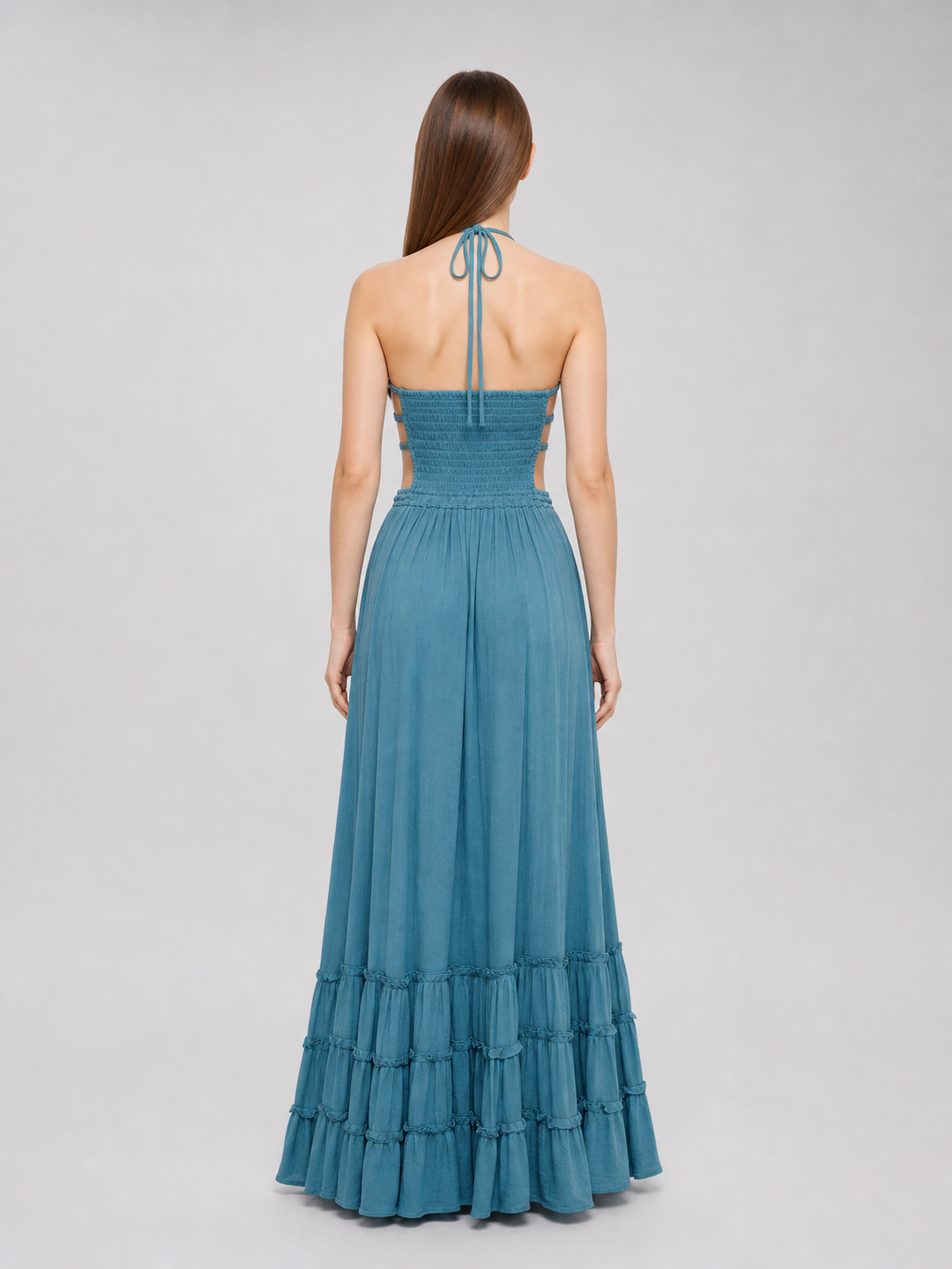 Boho Maxi Dress with an Open Back and Tiered Ruffles