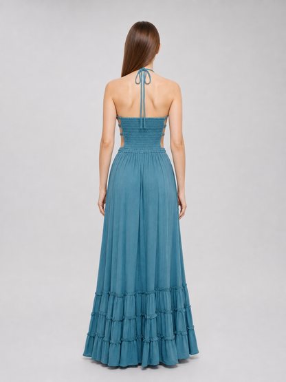 Boho Maxi Dress with an Open Back and Tiered Ruffles
