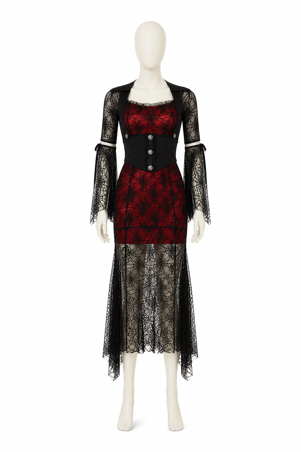 Red and Black Dress with Batwing Sleeves and Spiderweb Pattern back view